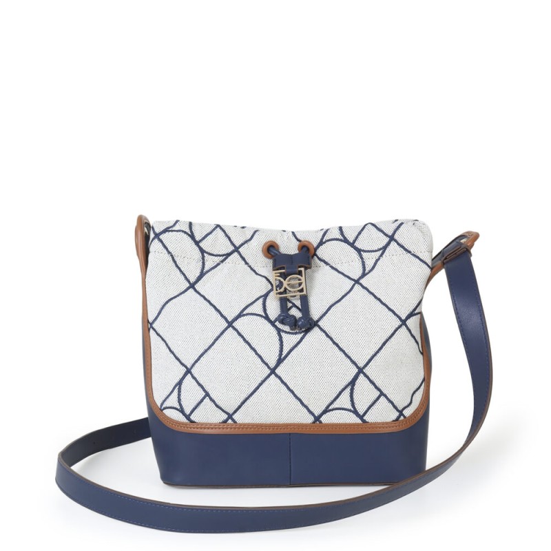 Bolsa Drawstring Textil Bordado a Rombos con Jareta color Azul Marino