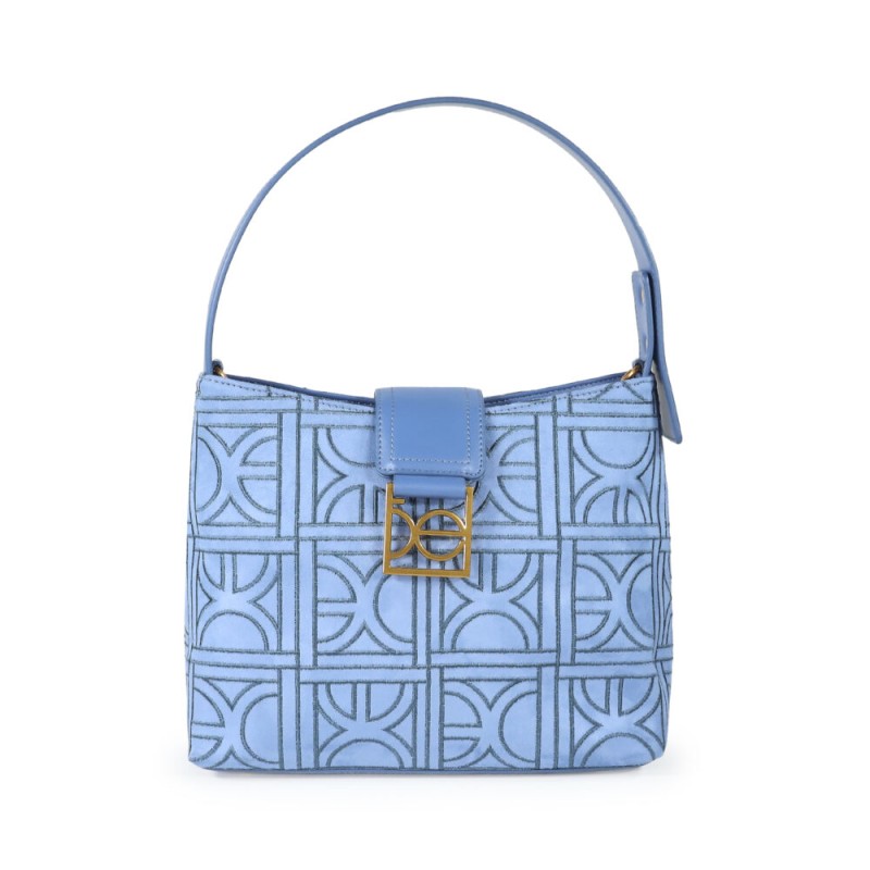 Bolsa Hobo Textil Monograma Bordado color Azul